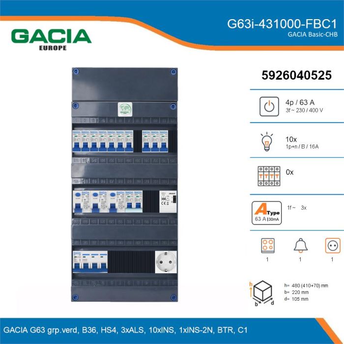 GACIA G63i-431000-FBC1, 3-fase groepenkast 63A met installatieautomaten, 11-groepen, fornuisgroep, beltrafo, 1V-contactdoos, details
