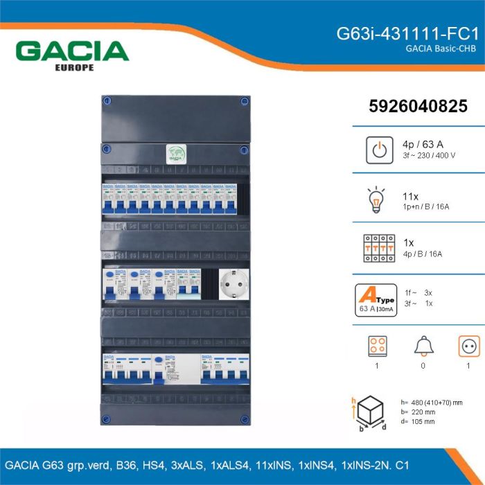 GACIA G63i-431111-FC1, 3-fase groepenkast 63A met installatieautomaten, 13-groepen, fornuisgroep, 1V-contactdoos, details