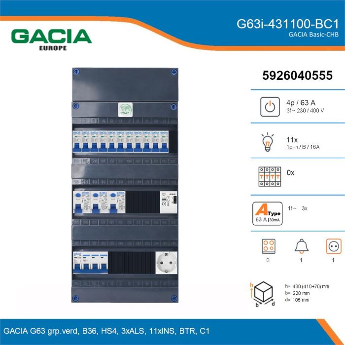 GACIA G63i-431100-BC1, 3-fase groepenkast 63A met installatieautomaten, 11-groepen, beltrafo, 1V-contactdoos, details