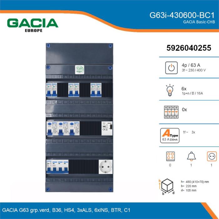 GACIA G63i-430600-BC1, 3-fase groepenkast 63A met installatieautomaten, 6-groepen, beltrafo, 1V-contactdoos, details