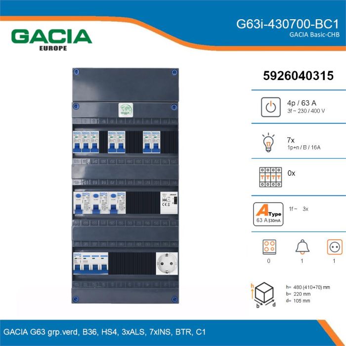 GACIA G63i-430700-BC1, 3-fase groepenkast 63A met installatieautomaten, 7-groepen, beltrafo, 1V-contactdoos, details