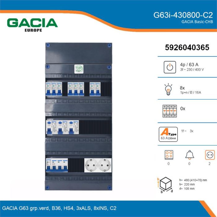 GACIA G63i-430800-C2, 3-fase groepenkast 63A met installatieautomaten, 8-groepen, 2V-contactdoos, details