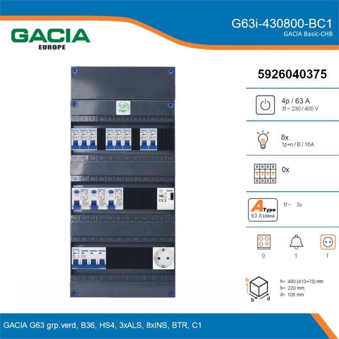 GACIA G63i-430800-BC1, 3-fase groepenkast 63A met installatieautomaten, 8-groepen, beltrafo, 1V-contactdoos, details