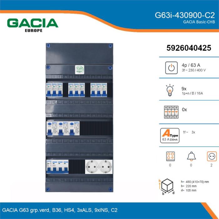 GACIA G63i-430900-C2, 3-fase groepenkast 63A met installatieautomaten, 9-groepen, 2V-contactdoos, details
