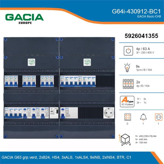 GACIA G64i-430912-BC1, 3-fase groepenkast 63A met installatieautomaten, 11-groepen, beltrafo, 1V-contactdoos, details