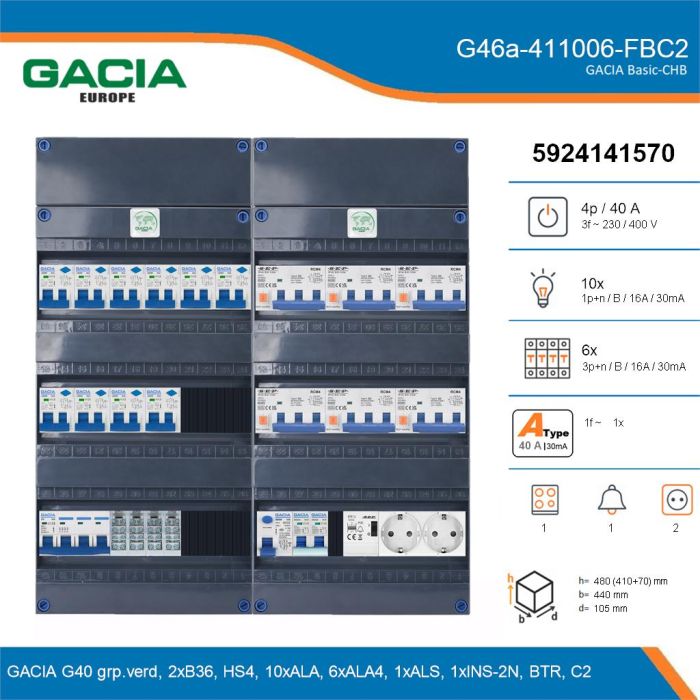GACIA G46a-411006-FBC2, 3-fase groepenkast 40A met aardlekautomaten, 17-groepen, fornuisgroep, beltrafo, 2V-contactdoos, details