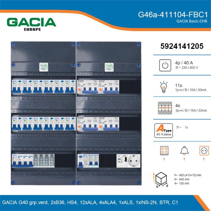 GACIA G46a-411104-FBC1, 3-fase groepenkast 40A met aardlekautomaten, 16-groepen, fornuisgroep, beltrafo, 1V-contactdoos, details
