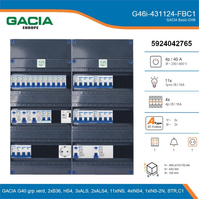 GACIA G46i-431124-FBC1, 3-fase groepenkast 40A met installatieautomaten, 16-groepen, fornuisgroep, beltrafo, 1V-contactdoos, details