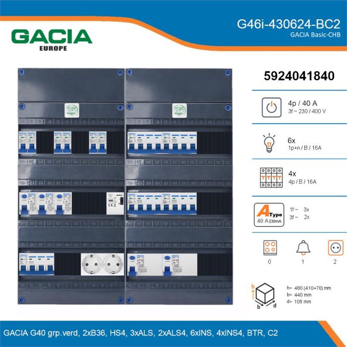 GACIA G46i-430624-BC2, 3-fase groepenkast 40A met installatieautomaten, 10-groepen, beltrafo, 2V-contactdoos, details