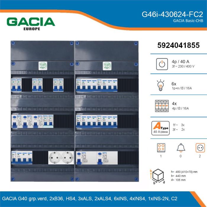 GACIA G46i-430624-FC2, 3-fase groepenkast 40A met installatieautomaten, 11-groepen, fornuisgroep, 2V-contactdoos, details