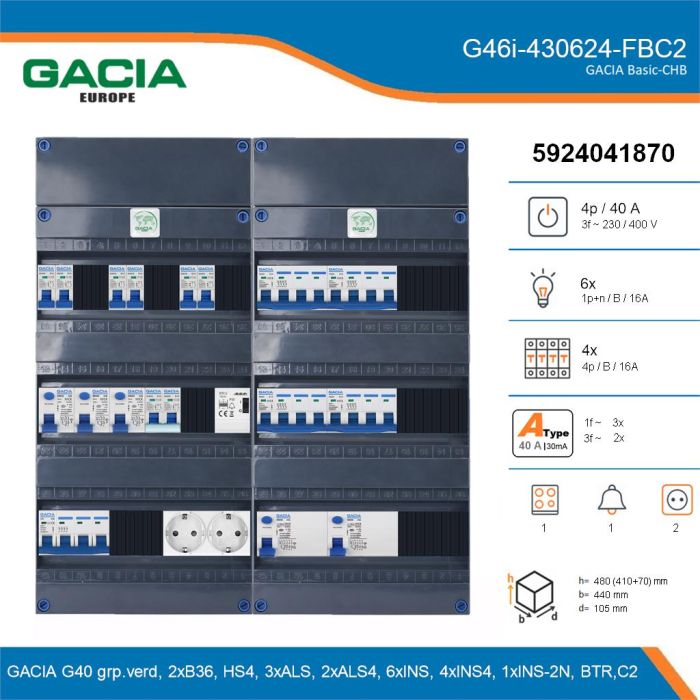 GACIA G46i-430624-FBC2, 3-fase groepenkast 40A met installatieautomaten, 11-groepen, fornuisgroep, beltrafo, 2V-contactdoos, details