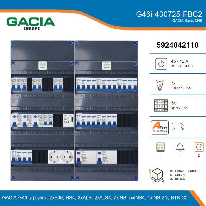 GACIA G46i-430725-FBC2, 3-fase groepenkast 40A met installatieautomaten, 13-groepen, fornuisgroep, beltrafo, 2V-contactdoos, details