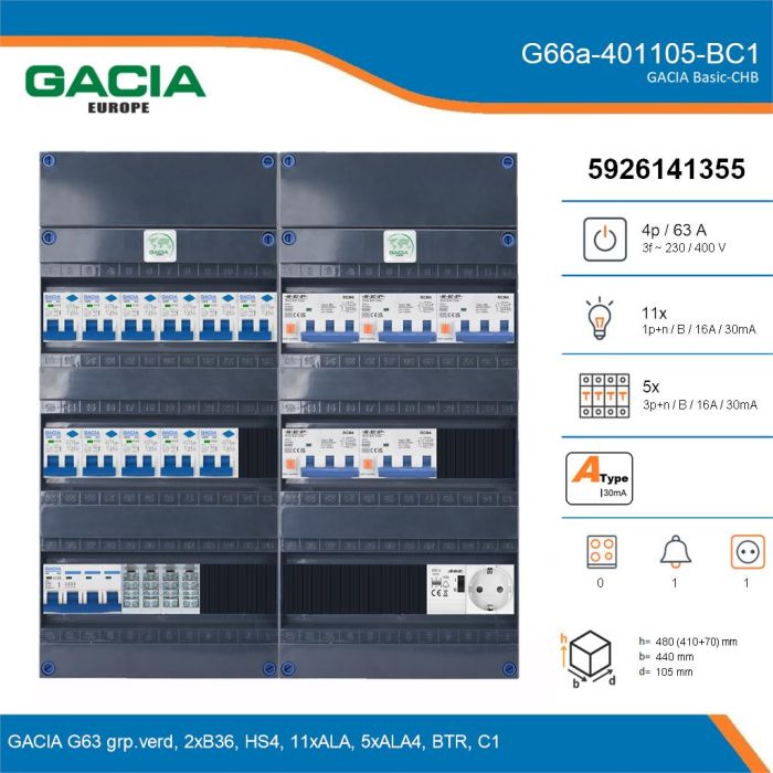 GACIA G66a-401105-BC1, 3-fase groepenkast 63A met aardlekautomaten, 16-groepen, beltrafo, 1V-contactdoos, details