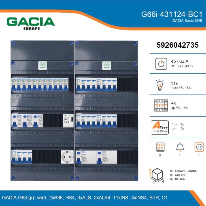 GACIA G66i-431124-BC1, 3-fase groepenkast 63A met installatieautomaten, 15-groepen, beltrafo, 1V-contactdoos, details