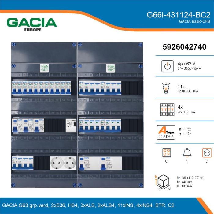 GACIA G66i-431124-BC2, 3-fase groepenkast 63A met installatieautomaten, 15-groepen, beltrafo, 2V-contactdoos, details