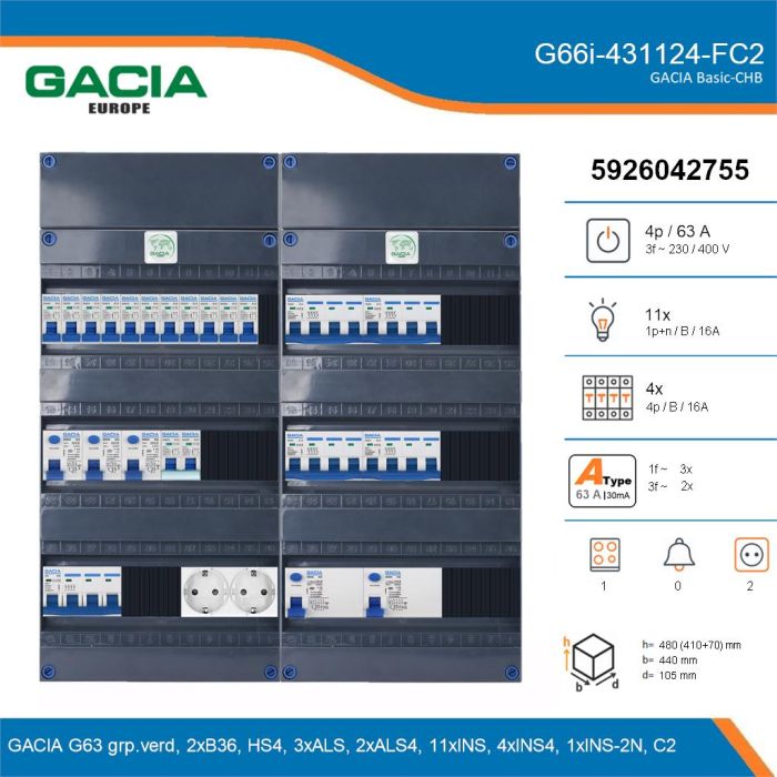 GACIA G66i-431124-FC2, 3-fase groepenkast 63A met installatieautomaten, 16-groepen, fornuisgroep, 2V-contactdoos, details