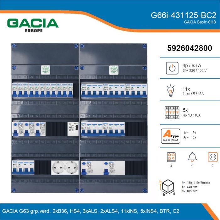 GACIA G66i-431125-BC2, 3-fase groepenkast 63A met installatieautomaten, 16-groepen, beltrafo, 2V-contactdoos, details