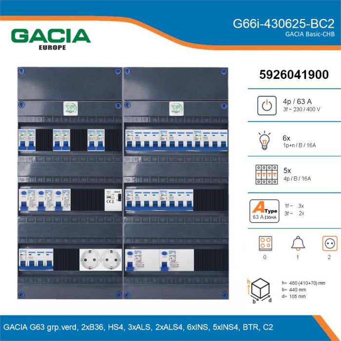 GACIA G66i-430625-BC2, 3-fase groepenkast 63A met installatieautomaten, 11-groepen, beltrafo, 2V-contactdoos, details