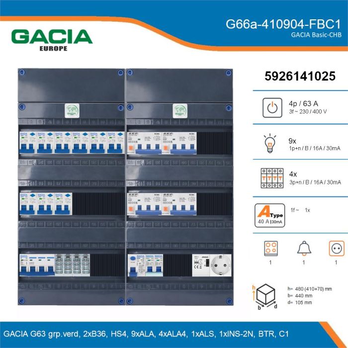 GACIA G66a-410904-FBC1, 3-fase groepenkast 63A met aardlekautomaten, 14-groepen, fornuisgroep, beltrafo, 1V-contactdoos, details