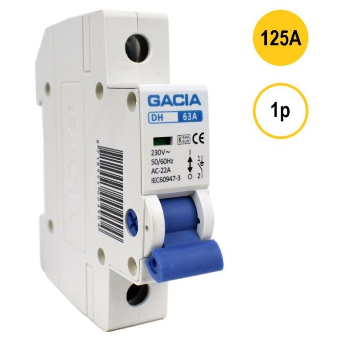 GACIA DH-125, lastschakelaar 1-polig 125A geschikt voor DIN-rail montage - hoofdschakelaar met 1 module breedte, type AC-22A, geleverd door Schotman Elektro