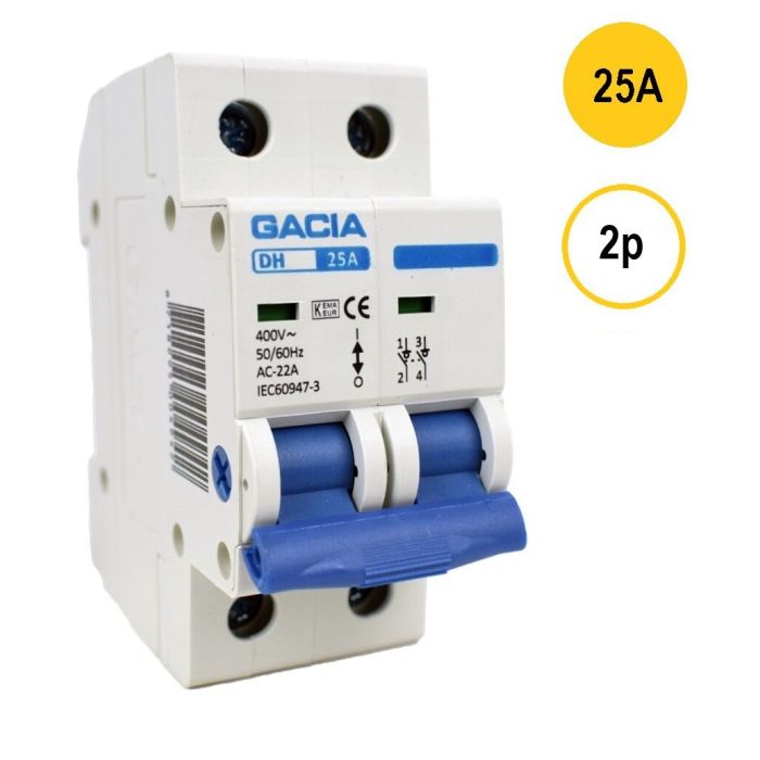 GACIA DH-205, lastschakelaar 2-polig 25A geschikt voor DIN-rail montage - hoofdschakelaar met 2 module breedte, type AC-22A, geleverd door Schotman Elektro