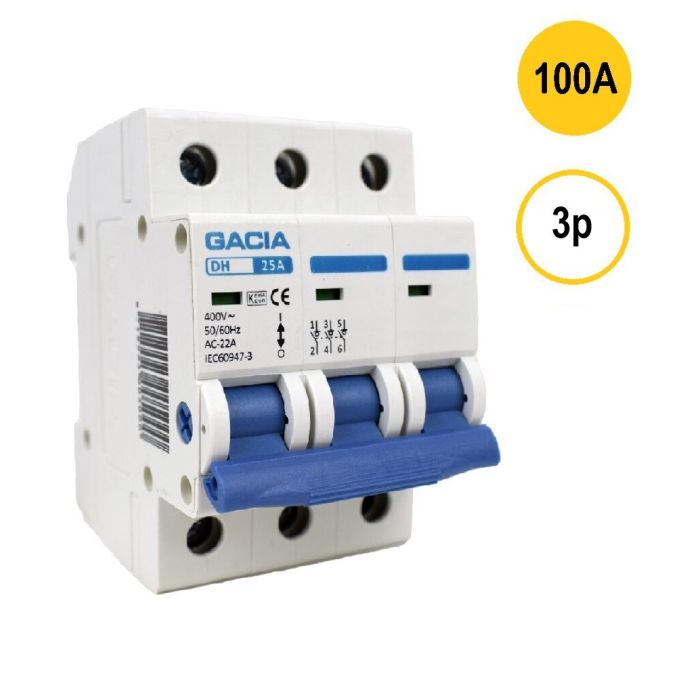 GACIA DH-399, lastschakelaar 3-polig 100A geschikt voor DIN-rail montage - hoofdschakelaar met 3 module breedte, type AC-22A, geleverd door Schotman Elektro