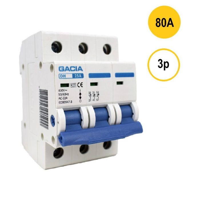 GACIA DH-380, lastschakelaar 3-polig 80A geschikt voor DIN-rail montage - hoofdschakelaar met 3 module breedte, type AC-22A, geleverd door Schotman Elektro