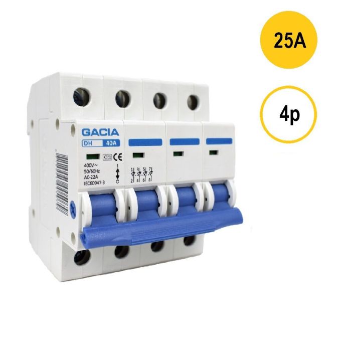 GACIA DH-405, lastschakelaar 4-polig 25A geschikt voor DIN-rail montage - hoofdschakelaar met 4 module breedte, type AC-22A, geleverd door Schotman Elektro