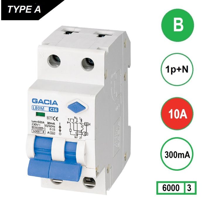 GACIA L80MA-B10 aardlekautomaat 10 A B-karakteristiek 300 mA 6 kA – links georiënteerde front-weergave GACIA L80MA-B10 aardlekautomaat 10 A B-karakteristiek 300 mA 6 kA – links georiënteerde front-weergave