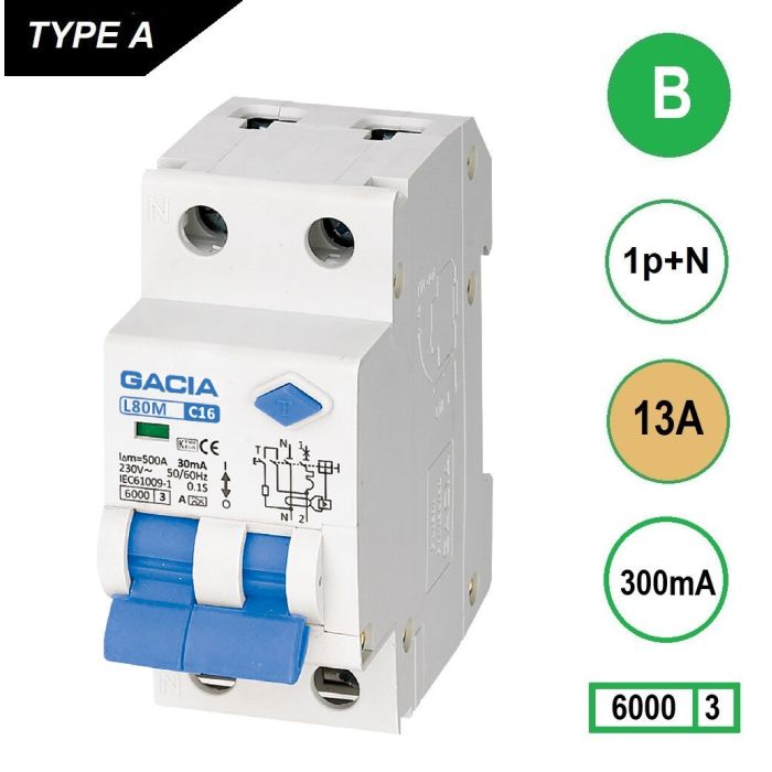 GACIA L80MA-B13 aardlekautomaat 13 A B-karakteristiek 300 mA 6 kA – links georiënteerde front-weergave GACIA L80MA-B13 aardlekautomaat 13 A B-karakteristiek 300 mA 6 kA – links georiënteerde front-weergave
