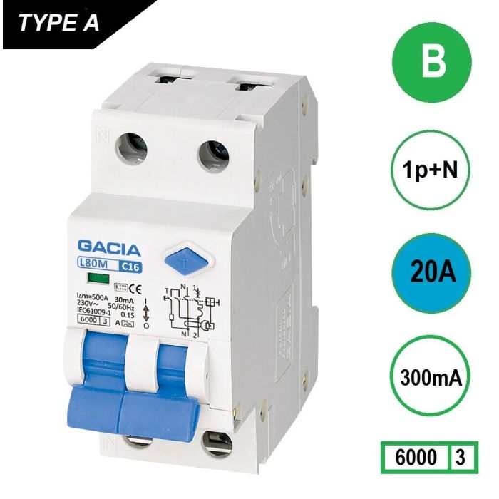 GACIA L80MA-B20 aardlekautomaat 20 A B-karakteristiek 300 mA 6 kA – links georiënteerde front-weergave GACIA L80MA-B20 aardlekautomaat 20 A B-karakteristiek 300 mA 6 kA – links georiënteerde front-weergave
