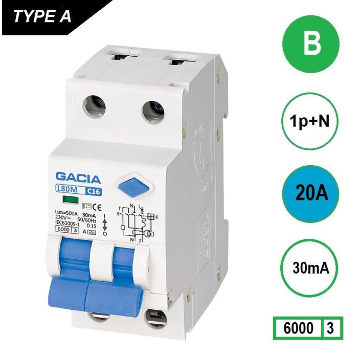 GACIA L80M-B20 aardlekautomaat 20 A B-karakteristiek 30 mA 6 kA – links georiënteerde front-weergave GACIA L80M-B20 aardlekautomaat 20 A B-karakteristiek 30 mA 6 kA – links georiënteerde front-weergave