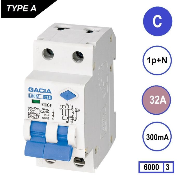 GACIA L80MA-C32 aardlekautomaat 32 A C-karakteristiek 300 mA 6 kA – links georiënteerde front-weergave GACIA L80MA-C32 aardlekautomaat 32 A C-karakteristiek 300 mA 6 kA – links georiënteerde front-weergave