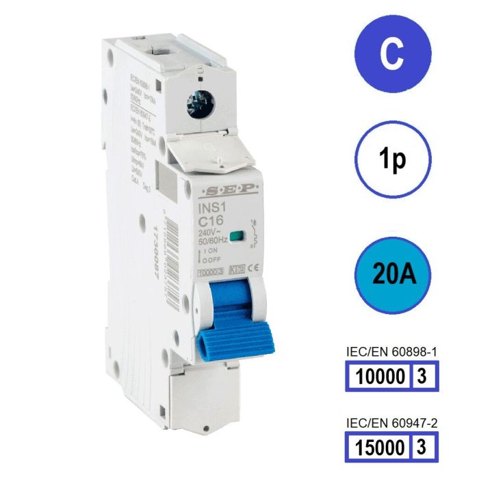 SEP INS1-1C20 installatieautomaat 1-polig 20A C-karakteristiek met verzegelbare aansluitafdekking SEP INS1-1C20 installatieautomaat 1-polig 20A C-karakteristiek met verzegelbare aansluitafdekking