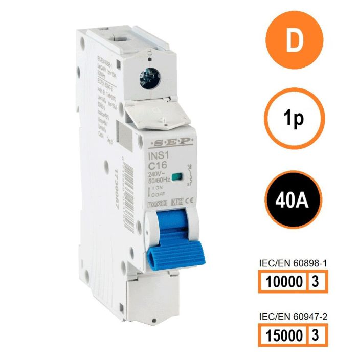 SEP INS1-1D40 installatieautomaat 1-polig 40A D-karakteristiek met verzegelbare aansluitafdekking