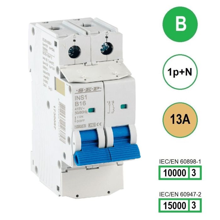 SEP INS1-1NB13 installatieautomaat 1-polig + nul 13A B-karakteristiek met verzegelbare aansluitafdekking SEP INS1-1NB13 installatieautomaat 1-polig + nul 13A B-karakteristiek met verzegelbare aansluitafdekking