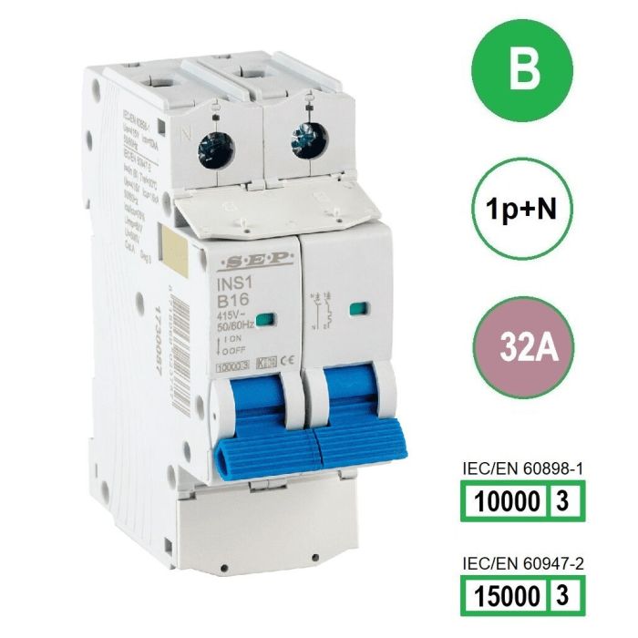 SEP INS1-1NB32 installatieautomaat 1-polig + nul 32A B-karakteristiek met verzegelbare aansluitafdekking SEP INS1-1NB32 installatieautomaat 1-polig + nul 32A B-karakteristiek met verzegelbare aansluitafdekking