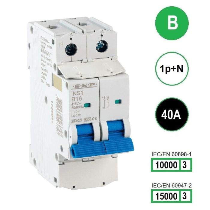 SEP INS1-1NB40 installatieautomaat 1-polig + nul 40A B-karakteristiek met verzegelbare aansluitafdekking SEP INS1-1NB40 installatieautomaat 1-polig + nul 40A B-karakteristiek met verzegelbare aansluitafdekking
