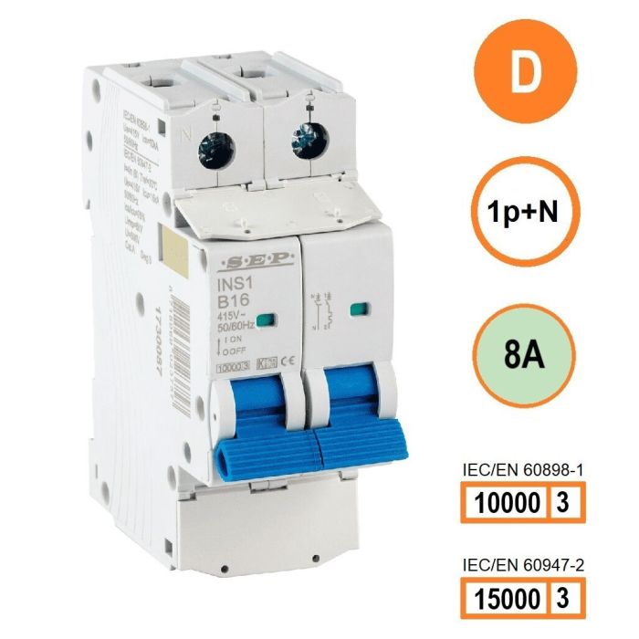 SEP INS1-1ND08 installatieautomaat 1-polig + nul 8A D-karakteristiek met verzegelbare aansluitafdekking SEP INS1-1ND08 installatieautomaat 1-polig + nul 8A D-karakteristiek met verzegelbare aansluitafdekking