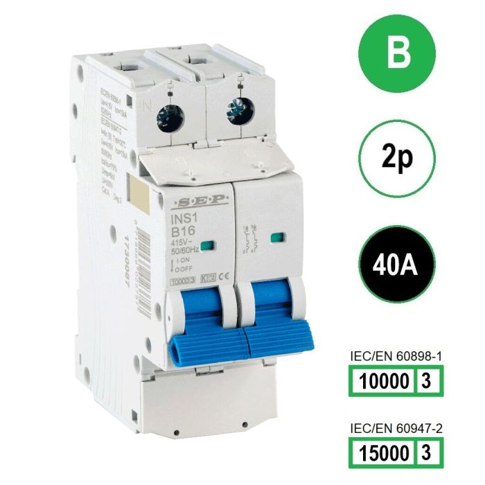 SEP INS1-2B40 installatieautomaat 2-polig 40A B-karakteristiek met verzegelbare aansluitafdekking SEP INS1-2B40 installatieautomaat 2-polig 40A B-karakteristiek met verzegelbare aansluitafdekking