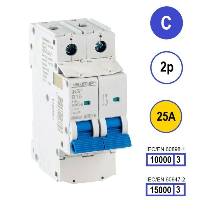 SEP INS1-2C25 installatieautomaat 2-polig 25A C-karakteristiek met verzegelbare aansluitafdekking SEP INS1-2C25 installatieautomaat 2-polig 25A C-karakteristiek met verzegelbare aansluitafdekking