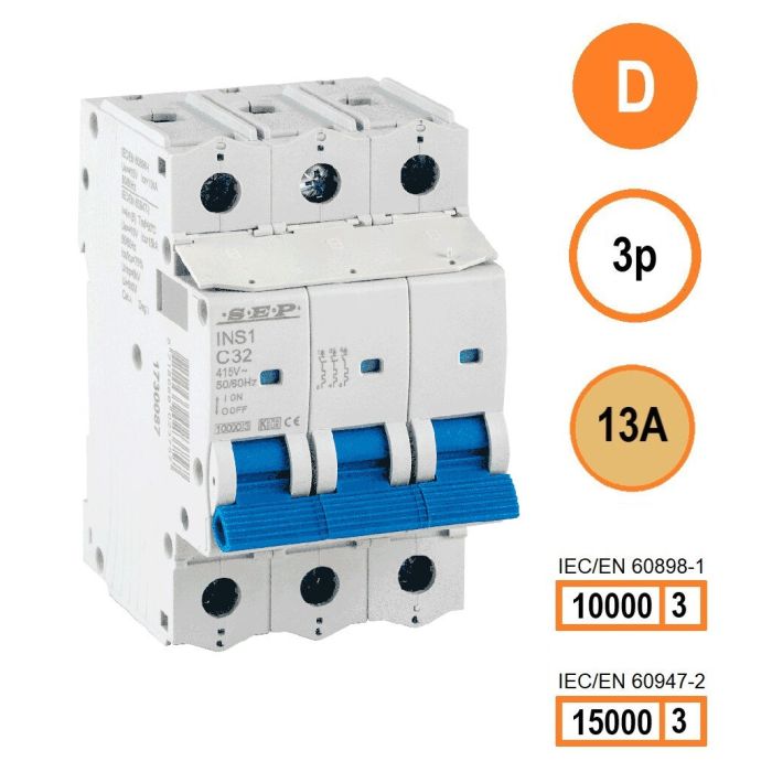 SEP INS1-3D13 installatieautomaat 3-polig 13A D-karakteristiek met verzegelbare aansluitafdekking SEP INS1-3D13 installatieautomaat 3-polig 13A D-karakteristiek met verzegelbare aansluitafdekking