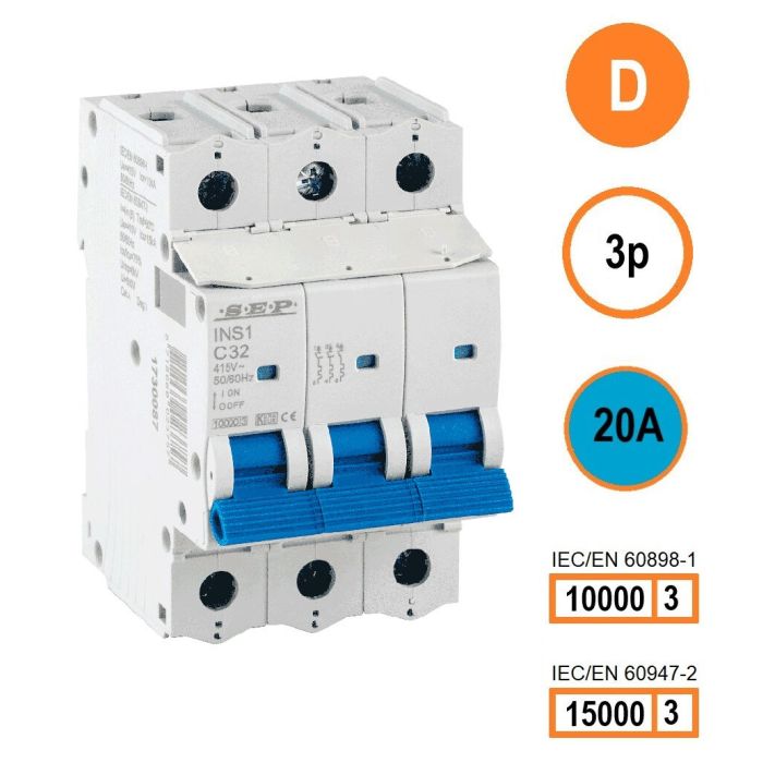 SEP INS1-3D20 installatieautomaat 3-polig 20A D-karakteristiek met verzegelbare aansluitafdekking SEP INS1-3D20 installatieautomaat 3-polig 20A D-karakteristiek met verzegelbare aansluitafdekking