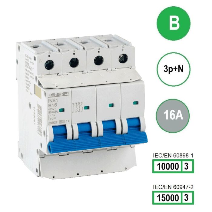 SEP INS1-3NB16 installatieautomaat 3-polig + nul 16A B-karakteristiek met verzegelbare aansluitafdekking SEP INS1-3NB16 installatieautomaat 3-polig + nul 16A B-karakteristiek met verzegelbare aansluitafdekking
