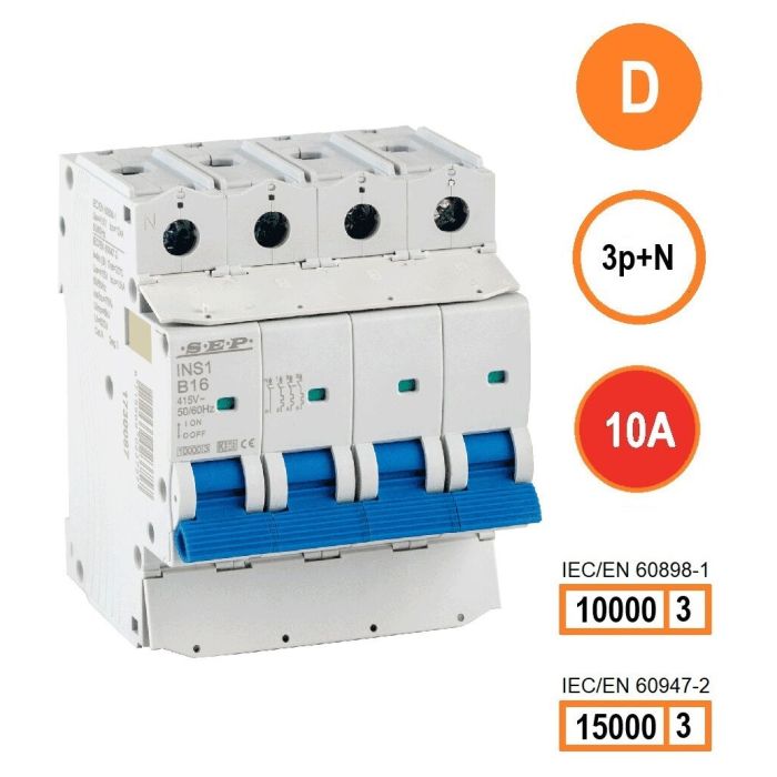 SEP INS1-3ND10 installatieautomaat 3-polig + nul 10A D-karakteristiek met verzegelbare aansluitafdekking SEP INS1-3ND10 installatieautomaat 3-polig + nul 10A D-karakteristiek met verzegelbare aansluitafdekking