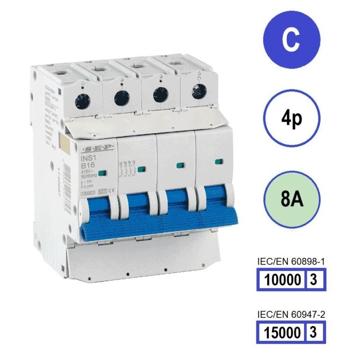 SEP INS1-4C08 installatieautomaat 4-polig 8A C-karakteristiek met verzegelbare aansluitafdekking SEP INS1-4C08 installatieautomaat 4-polig 8A C-karakteristiek met verzegelbare aansluitafdekking