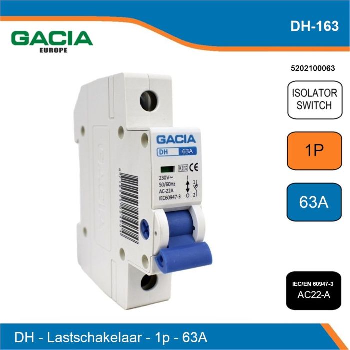 GACIA Basic DH lastschakelaar 1-polig 63A AC22-A DIN-rail schakelaar