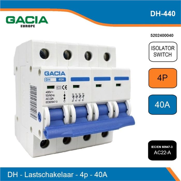 GACIA Basic DH lastschakelaar 4-polig 40A AC22-A DIN-rail schakelaar