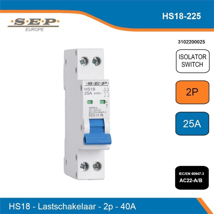 SEP Compact HS18 hoofdschakelaar 2-polig 25A IEC 60947-3 AC22-A/B