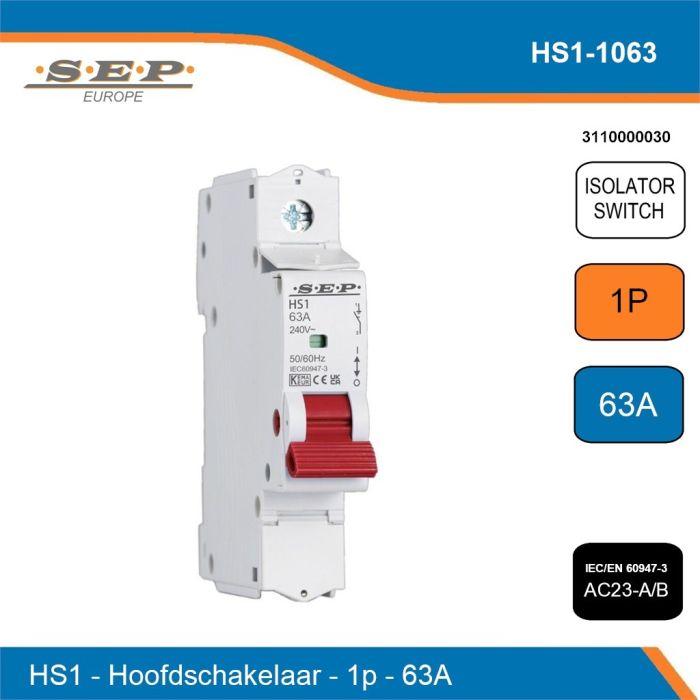 SEP Europe Titan (Pro) HS1 hoofdschakelaar 1-polig 63A, 1 module (18 mm), AC21A/B, AC22A/B, AC23A/B, DC22 en DC23